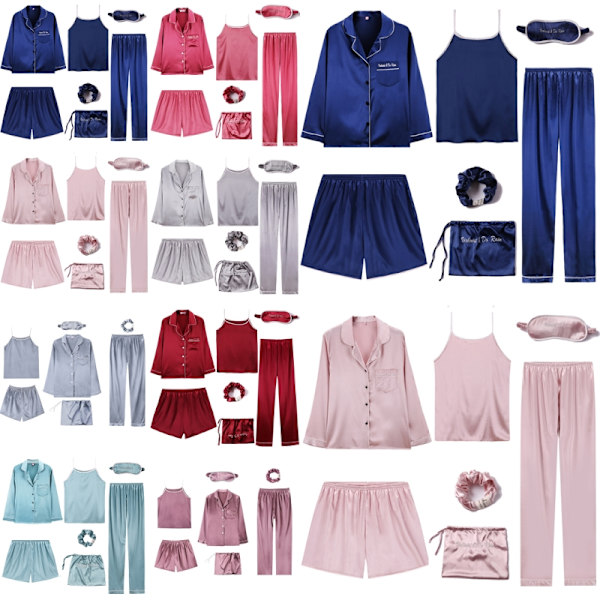 Kvinnor Enfärgad Pyjamas Set Knappar Design nattkläder Navy Blue XL