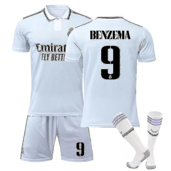 Ny säsong 2022-2023 Real Madrid Fotbollströja Kit Fotbollsuniformer Fotbollströja Set För Barn Ungdom Herrar BENZEMA 9 XS