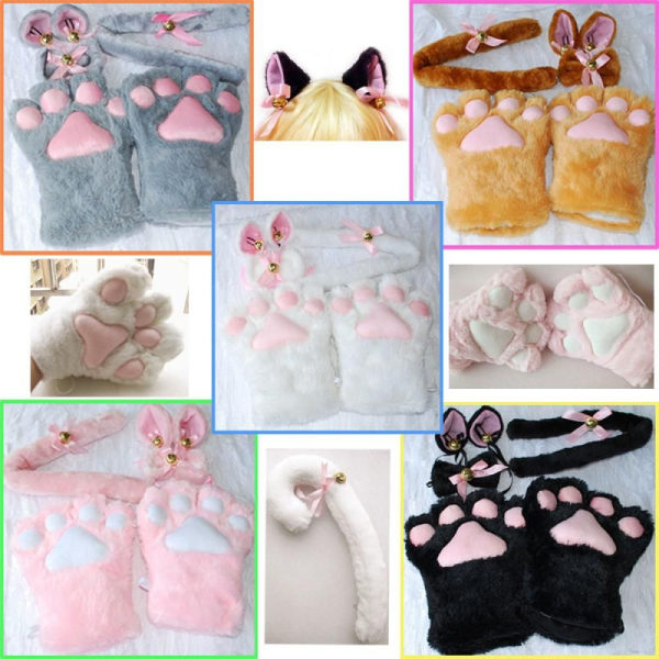 Cosplay Kostyme Paw Claw Gloves Cat Ears HVIT