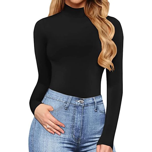 Kvinnors mock sköldpaddshals långärmade toppar Bodysuit Jumpsuit black XL