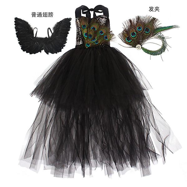 Halloween-asu Lasten Tyttö Musta Mekko Top Hame Cosplay Puku Hiusneulat Siivet 3 PCS  1 L(6-7Y)