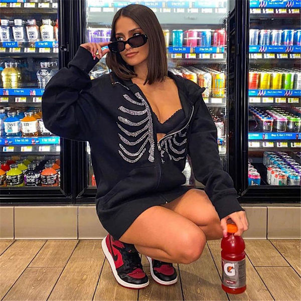 Unisex Zip Oversized Rhinestone Skull Hoodie Sweatshirt Jacka black XL