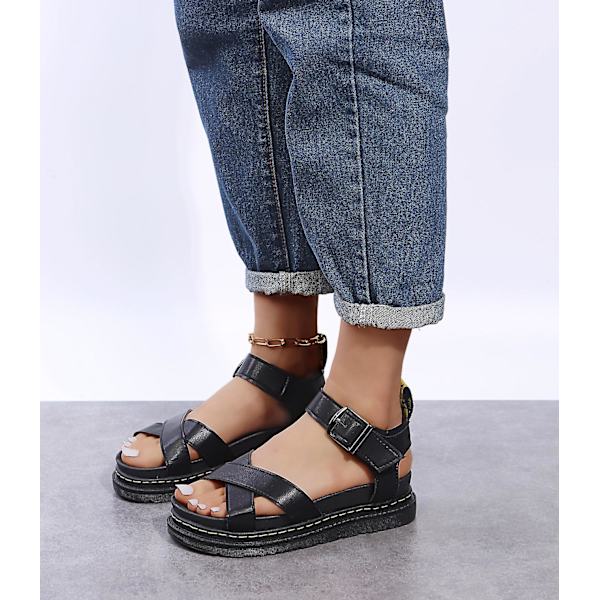 Sommer chunky sandaler til kvinder med tyk sål Strappy Flatforms Sko Black EU 42