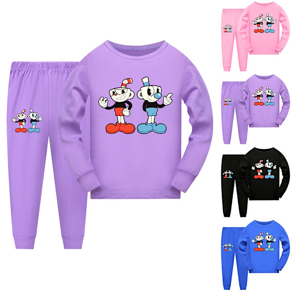 2kpl Kid Pyjamas Cuphead Line pitkähihainen villapaitasetti yöasu purple 140cm