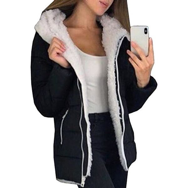 Damejakke med hette frakk Yttertøy Vinterfôret overfrakk Cardigan Varm Black S