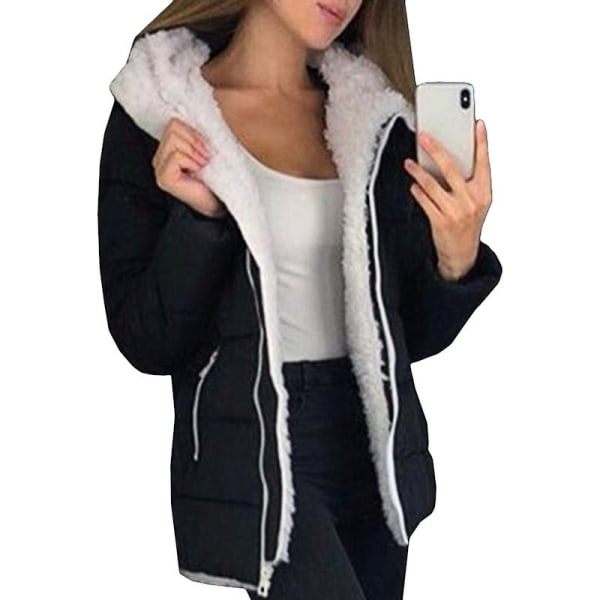 Damjacka med huva Ytterkläder Vinterfodrad överrock Cardigan Varm Black S