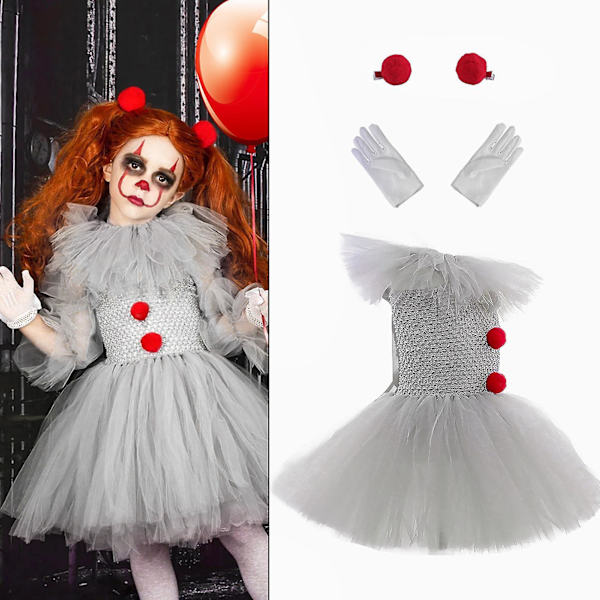 Tyttö Klovni puku | Söpöjä Tutu Mekot | Tutu-mekkoasu tytöille lapsille klovni-cosplay-asu, hansikkaat ja punainen hiusneula, 3-osainen setti L