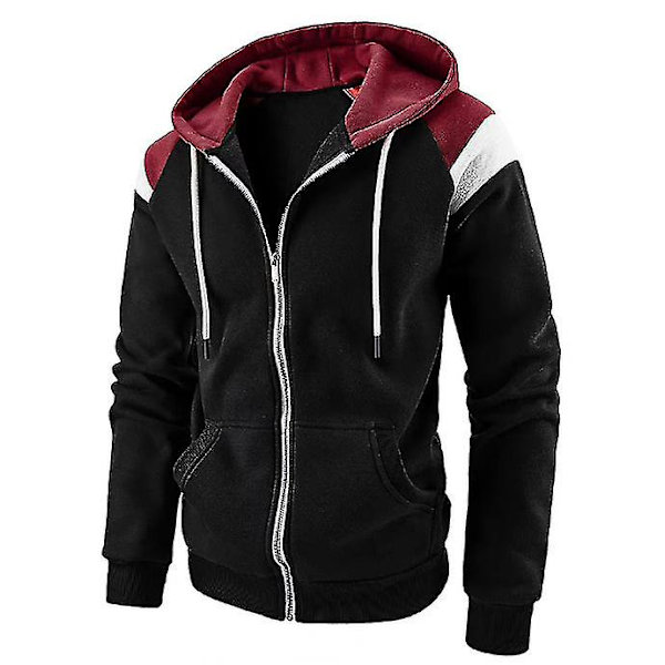 Menn Colorblock Hettegenser Zip Up hettejakker Langermet Casual Sweatshirt Sportswear Coat Black M