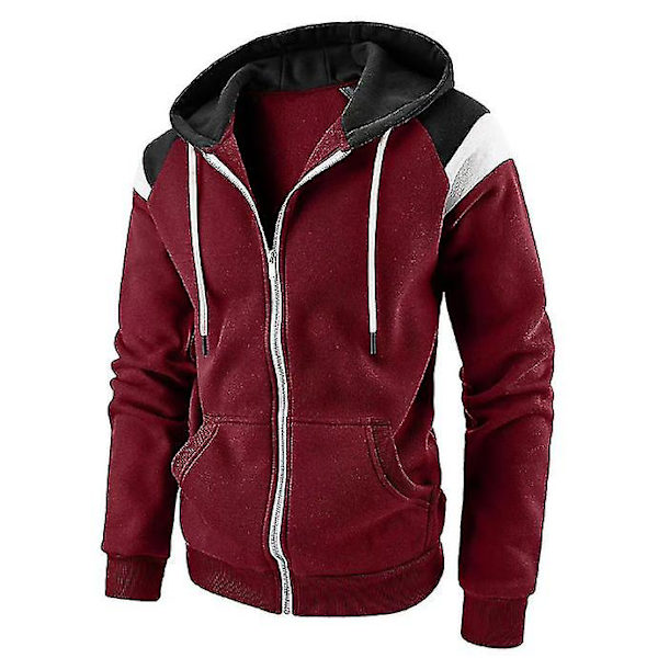 Menn Colorblock Hettegenser Zip Up hettejakker Langermet Casual Sweatshirt Sportswear Coat Red XL