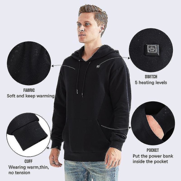 Oppvarmede hettegensere,usb Elektrisk oppvarming Letthettegensere Jakke black 3XL