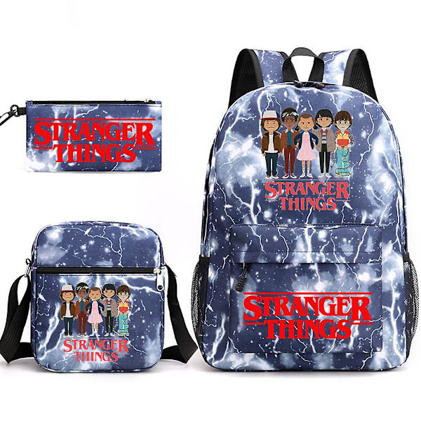 Stranger Things Ryggsekk 3stk Sett Student Skoleveske Diagonal Bag Lightning Blue