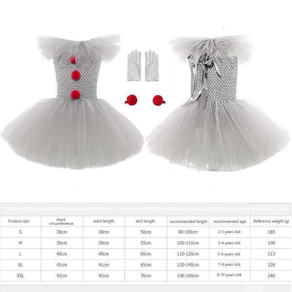 Tyttö Klovni puku | Söpöjä Tutu Mekot | Tutu-mekkoasu tytöille lapsille klovni-cosplay-asu, hansikkaat ja punainen hiusneula, 3-osainen setti L