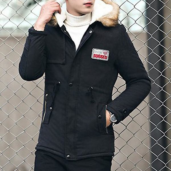 Herre Vinter quiltet polstret Parka Hættejakke Outwear tyk fleece hættetrøjejakke Black M