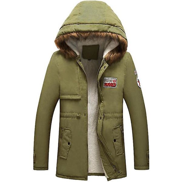 Herre Vinter quiltet polstret Parka Hættejakke Outwear tyk fleece hættetrøjejakke Army Green S