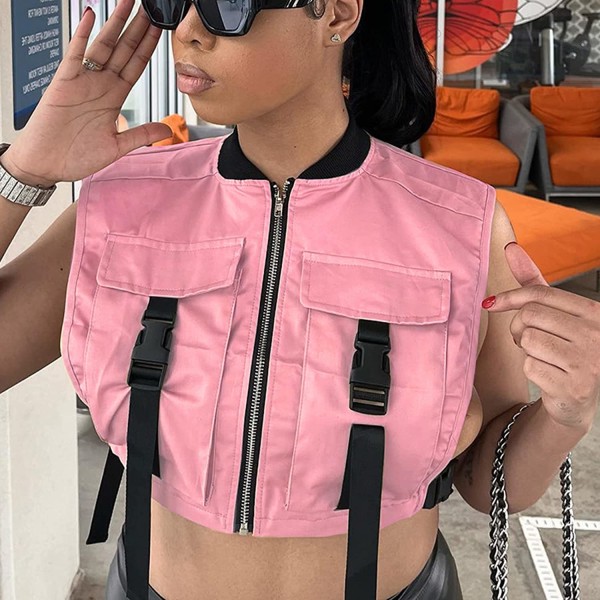 HAUFR sexet cropped vest til kvinder lynlås åben side ærmeløs vest Cargo jakke med lommer Pink Medium