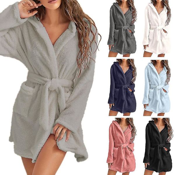Kvinder blød plys fleece morgenkåbe hætte mid længde lomme badekåbe Dark Grey 4XL