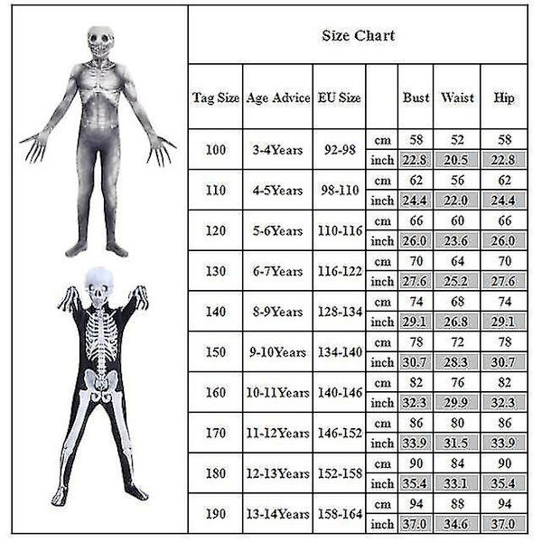 Kids Skeleton Onesie, Cosplay Party Costume Halloween Black 110cm