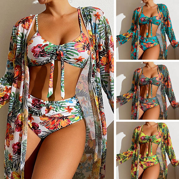 Swimming river baddräkt långärmad topp delad tredelad printed sexig baddräkt kvinnlig bikini, himmelsblå, M
