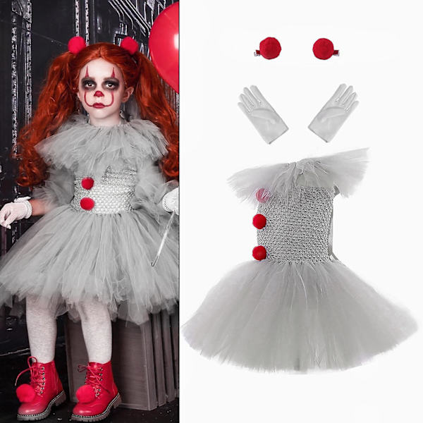 Tyttö Klovni puku | Söpöjä Tutu Mekot | Tutu-mekkoasu tytöille lapsille klovni-cosplay-asu, hansikkaat ja punainen hiusneula, 3-osainen setti L