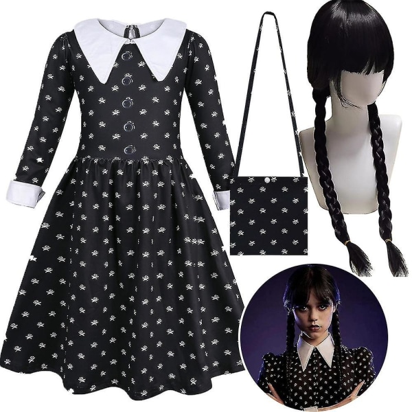 Onsdagar Addams Family Girls Cosplay Kostym Långärmad Klänning Perukväska Kid Halloween Fancy Dress Costume and wig 9-10years