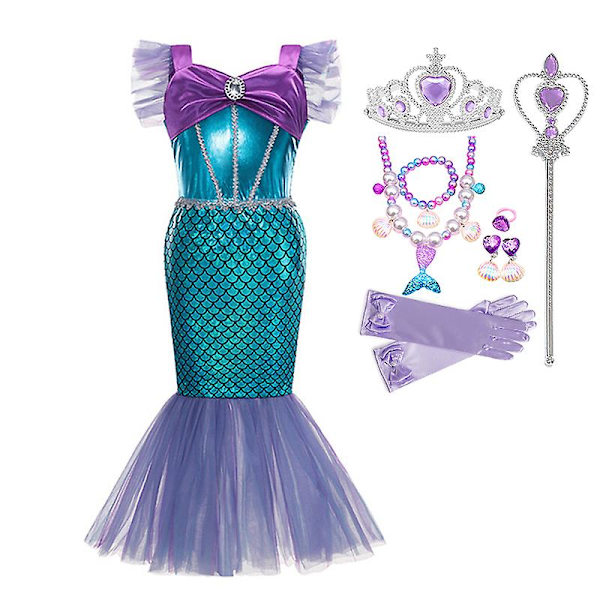 Lilla sjöjungfrun Ariel Prinsessan Kostym Barnklänning För tjejer Cosplay Barn Karneval Födelsedagsfest Kläder Sjöjungfruklänning 9-10T(size 150) 10pcs Mermaid Sets5