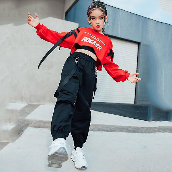 Hiphopkläder för flickor Röda toppar Svarta byxor Casual Street Dance Wear Jazz Performance Kläder Hip Hop Barnkläder BL5301 3pcs 170cm