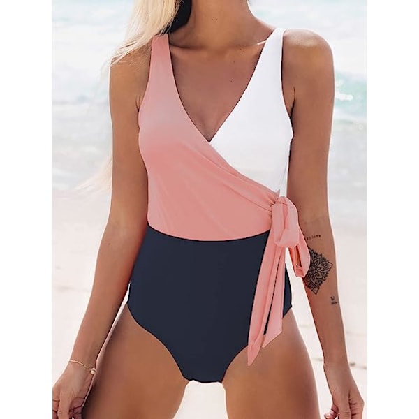 Badedrakt for kvinner V-hals fargeblokk Elegant badedrakt i ett stykke (rosa + svart) størrelse S