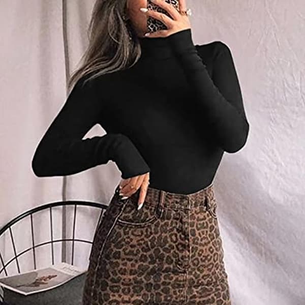 Kvinders Mock Turtle Neck langærmede toppe Bodysuit Jumpsuit black XL