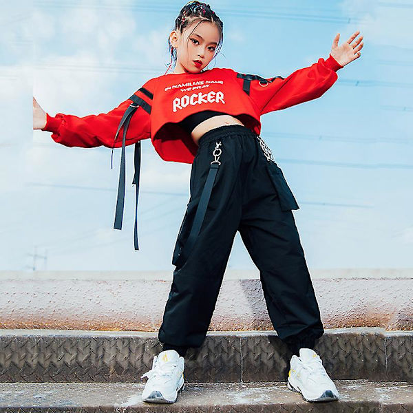 Hiphopkläder för flickor Röda toppar Svarta byxor Casual Street Dance Wear Jazz Performance Kläder Hip Hop Barnkläder BL5301 3pcs 170cm