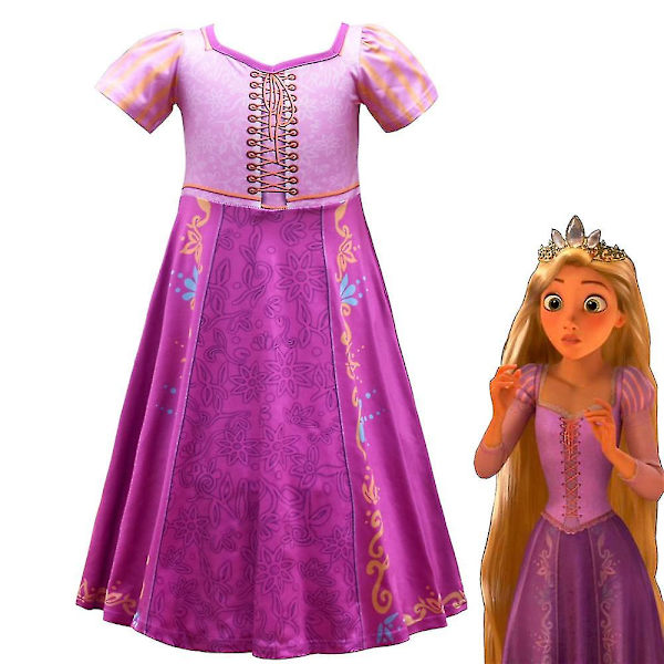 Tyttöjen Rapunzel Cosplay -asujuhlamekko, lyhythihainen prinsessamekko 6-12-vuotiaille lapsille 120cm