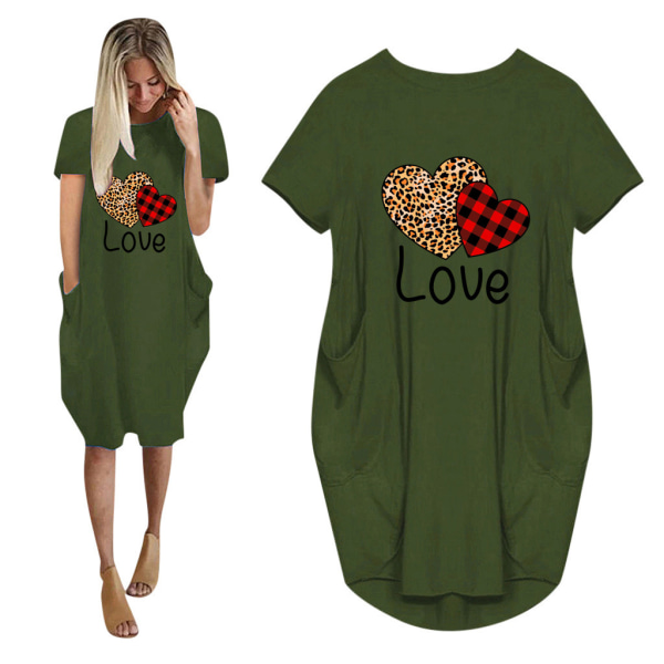 Kvinnor älskar hjärta sommar T-shirt klänning för alla hjärtans dag Army Green S