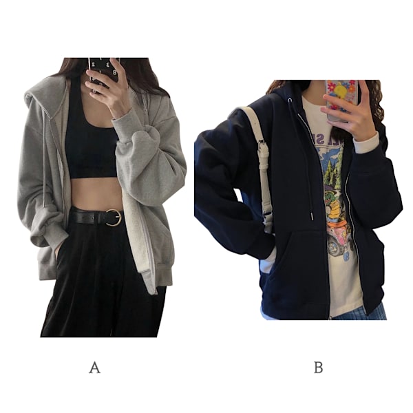 Dame hættetrøje Front Åben lynlås Hættejakke Pige Løs Casual grey 3XL