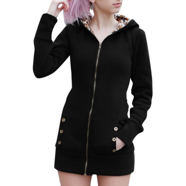 Vinter Kvinnor Hooded Thickened Plus Fleece Leopard weater Jacka Black S