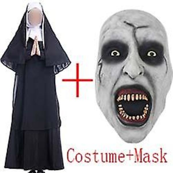 Kauhuelokuva Nunna-asu Naamio Cosplay Aikuinen Pitkä Musta Pelottava Nunna Ghost Vaatteet Univormu Pelottavat Halloween-juhlapuvut Rekvisiitta Costume with mask XXL