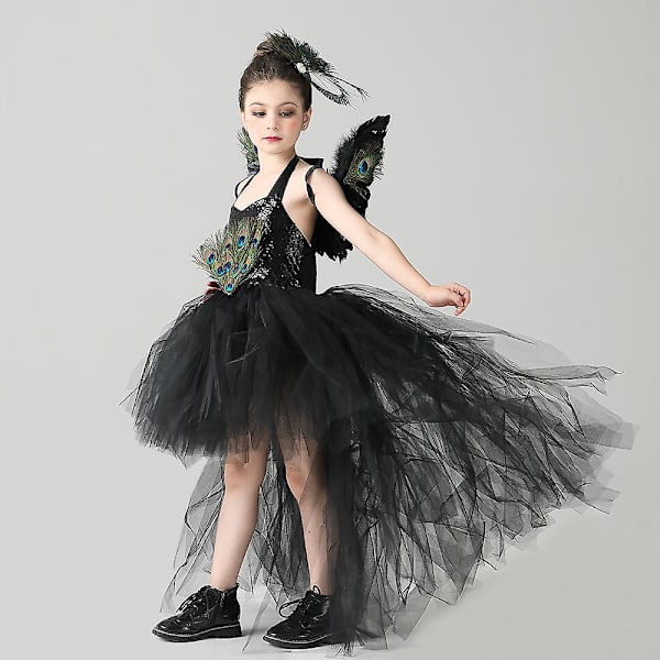 Halloween-asu Lasten Tyttö Musta Mekko Top Hame Cosplay Puku Hiusneulat Siivet 3 PCS  1 L(6-7Y)