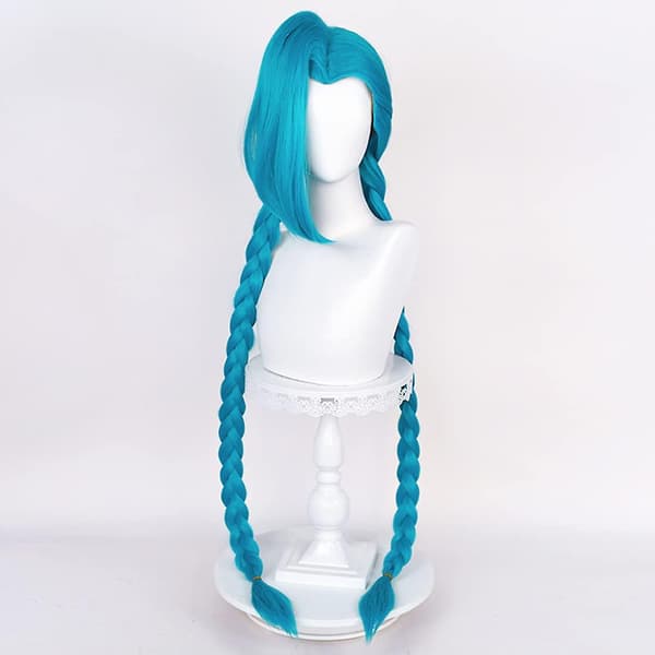 Lång blå flätad peruk för Jinx Cosplay peruk Inkluderar cap 43'-blå