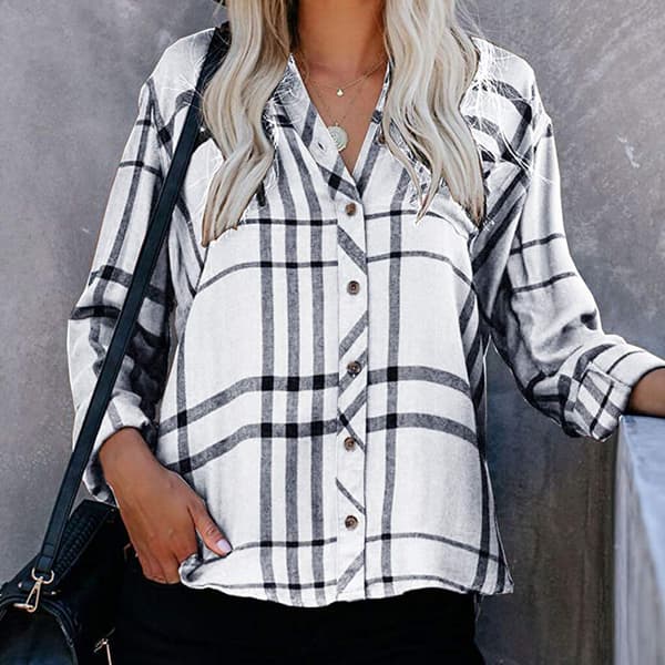 Dameskjorte Tripe Plaid langærmet top Lapel Casual Bluse white S