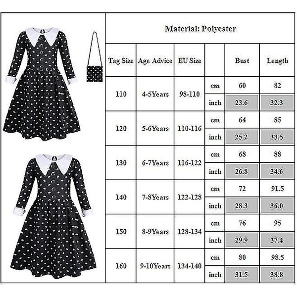 Onsdager Addams Familie Jenter Cosplay Kostyme Langermet Kjole Parykk Bag Kid Halloween Fancy Dress Costume and wig 9-10years