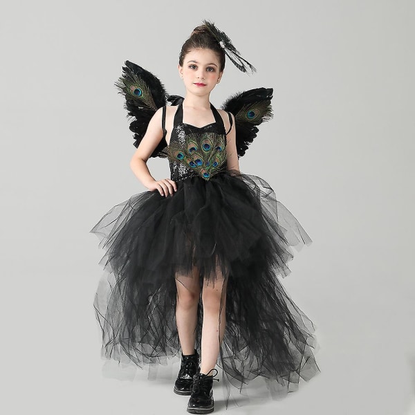 Halloween-asu Lasten Tyttö Musta Mekko Top Hame Cosplay Puku Hiusneulat Siivet 3 PCS  1 M