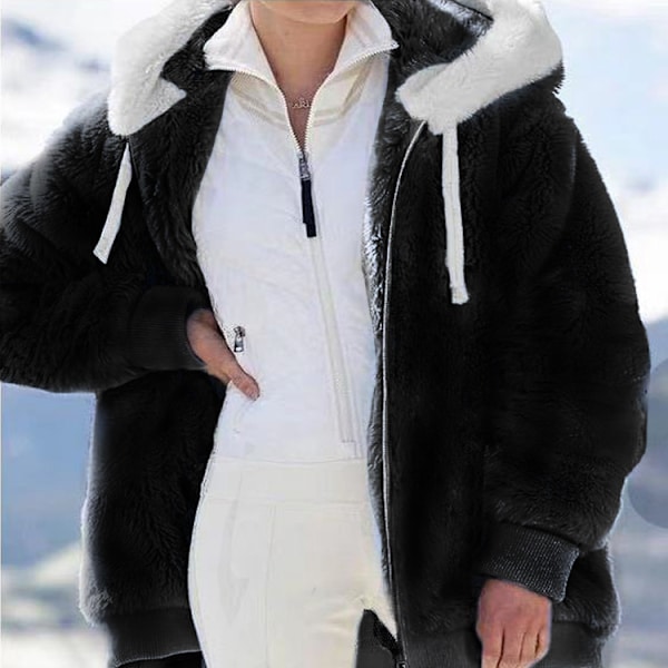 Naisten FurHoodeLoosCoaParkJacketHoodie Black 4XL