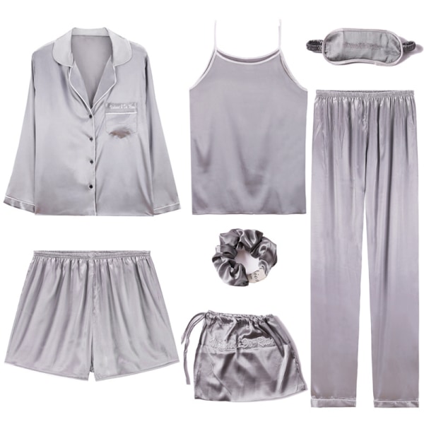 Kvinnor Enfärgad Pyjamas Set Knappar Design nattkläder Silver Gray L