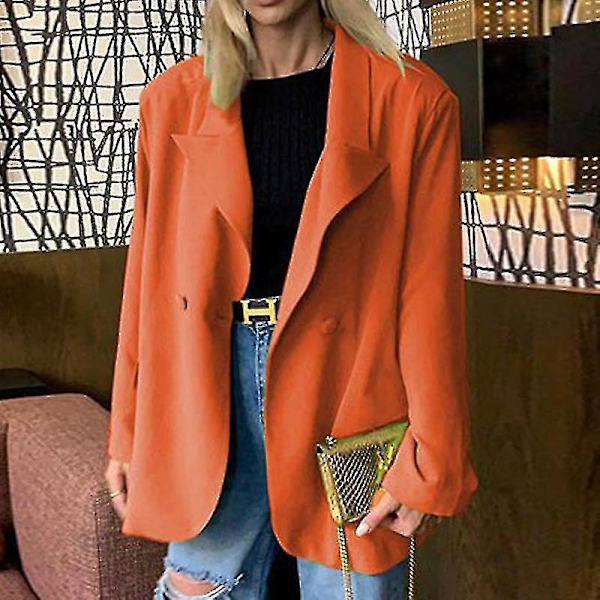 Kvinder Langærmede Business Jakker Work Cardigan Jakke Enkeltradede Blazere Orange M