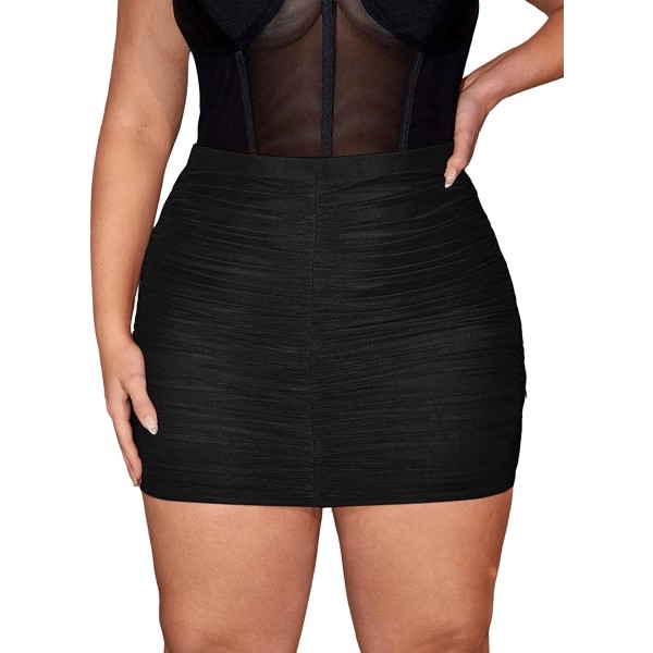 HAUFR Naisten Plus Size Solid Mesh Ruched Bodycon Stretch Mini lyhyt hame Black 3X-Large Plus