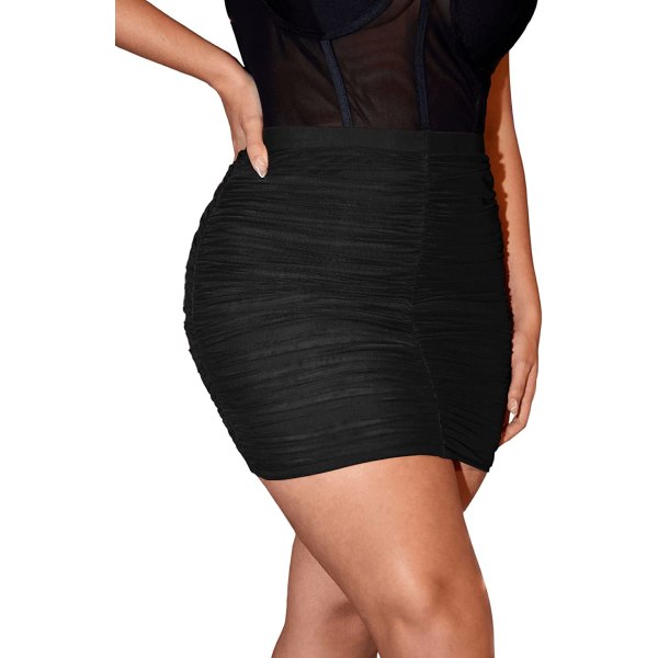 HAUFR Dam Plus Size Solid Mesh Ruched Bodycon Stretch Mini Kort kjol Black Large Plus