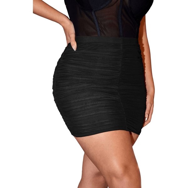 HAUFR Kvinder Plus Size Solid Mesh Ruched Bodycon Stretch Mini kort nederdel Black 3X-Large Plus