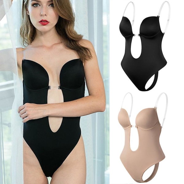 Kvinnor Backless Body Shapewear U Plunge Seamless String Plunging Djup V-ringad Body Shaper För Bröllop V Black L(36)