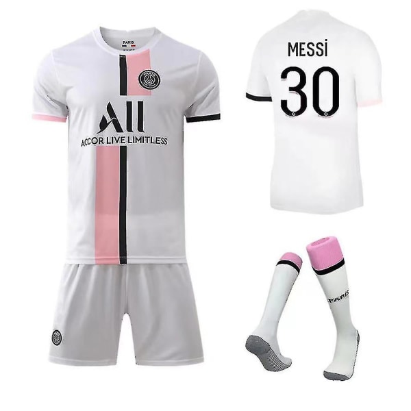 Regenboghorn Fotballsett Fotballdrakt T-skjortedress Messi PSG Away 28 (150-160 cm)