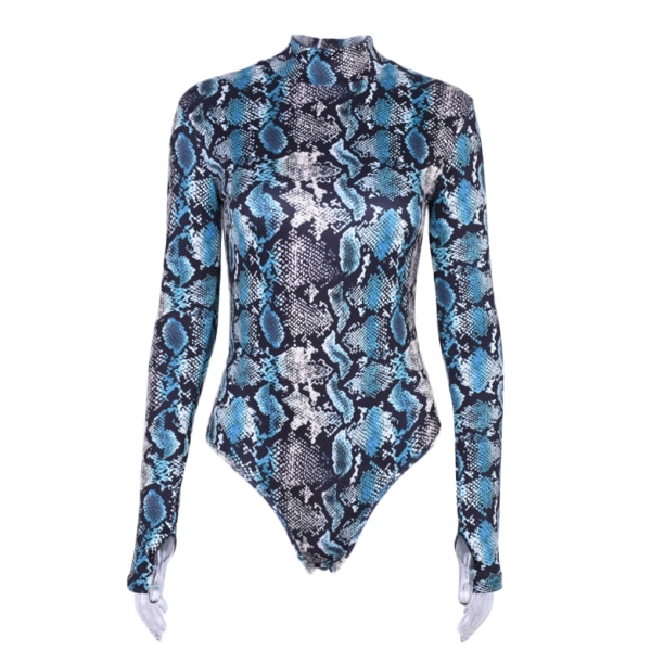Kvinder Snake Skin Print Body Lady Langærmet Jumpsuit High peacock blue XL