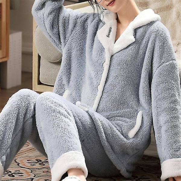 Varmt flannel damepyjamassæt fortykket dejligt sødt hjemmetøj blue xl