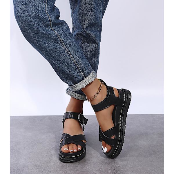Sommer chunky sandaler til kvinder med tyk sål Strappy Flatforms Sko Black EU 39